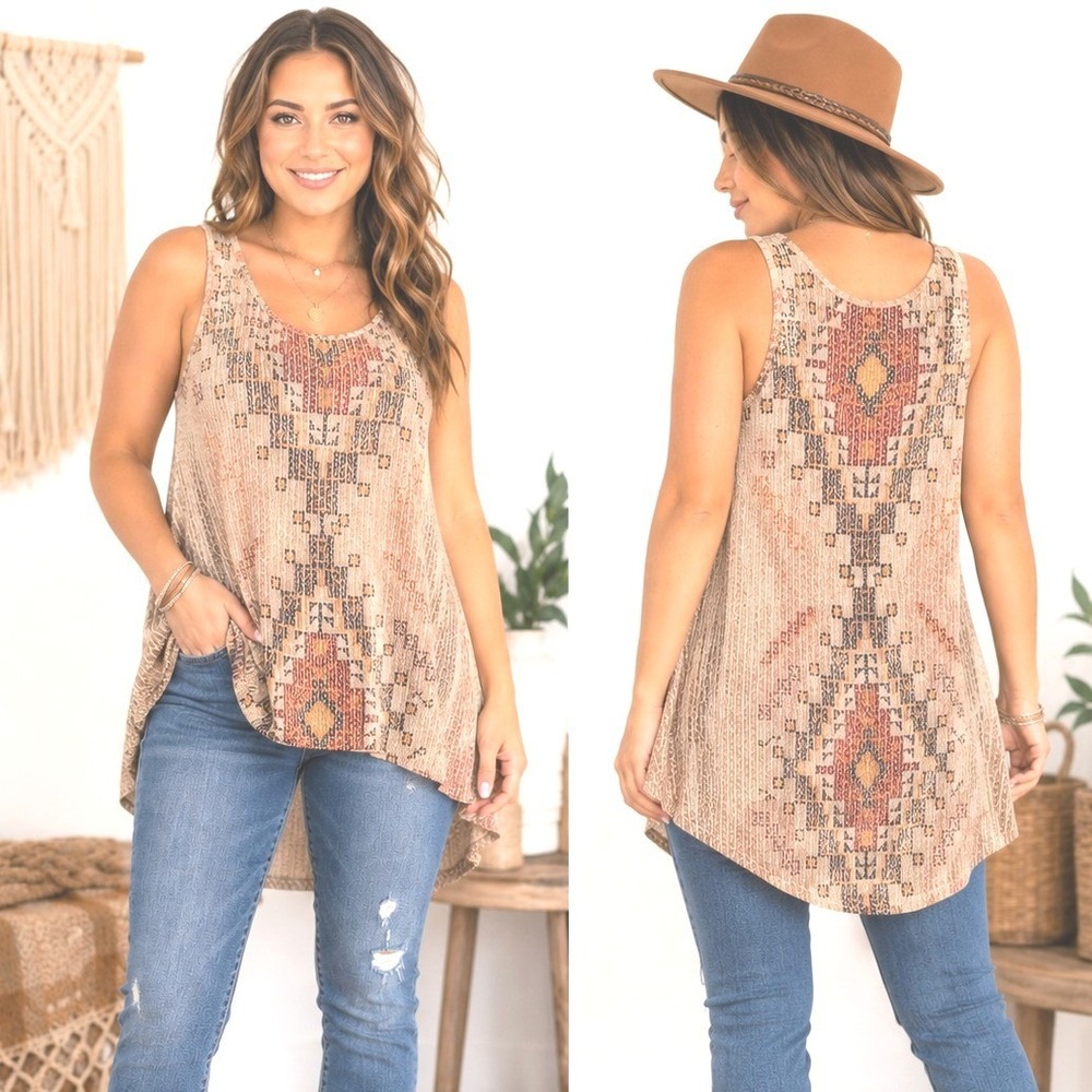 Blu Pepper Medium Boho Southwestern Aztec Knit Swing Tunic Tank Top
